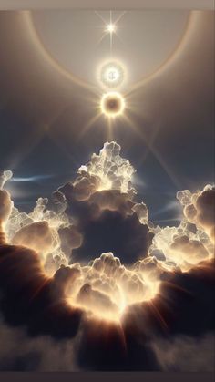 the sun shining through clouds with an image of a star in the sky above it