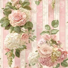 pink roses and white hydrangeas against a striped wallpaper background with vertical stripes