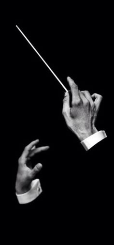 two hands holding a conductor's baton in black and white