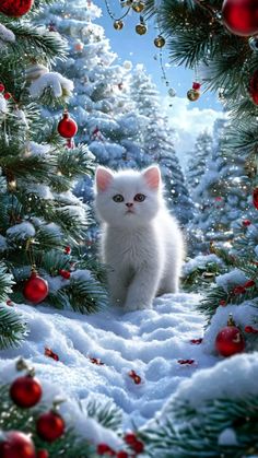 a white cat sitting in the middle of a snowy forest