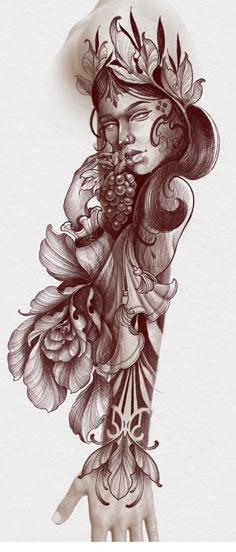 a drawing of a woman with flowers on her arm