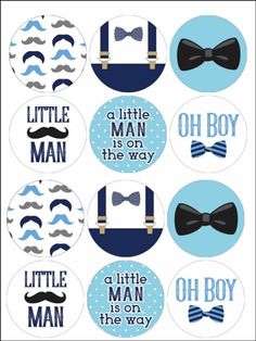 a set of baby shower stickers with mustaches, bow ties and letters on them