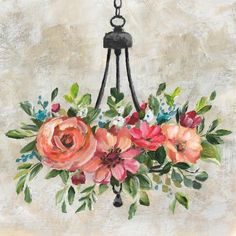 a painting of flowers hanging from a chandelier