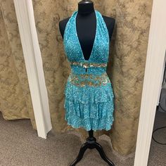 Mini Formal Gown Blue And Gold Sequin, Halter And Open Back Blue Embellished V-neck Mini Dress, Mini Dress Formal, Gold Sequin, Formal Gowns, Blue Gold, Mini Dress, Womens Dresses, Women Shopping, Blue