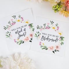 two cards with floral designs on them and the words will you be my bridesmaid?