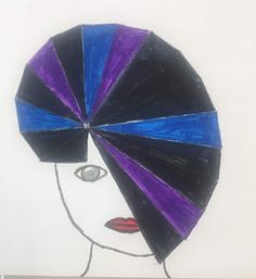 a drawing of a woman's head with purple, blue and black colors on it