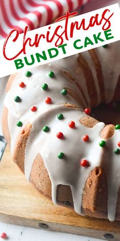 a christmas bundt cake with white icing and sprinkles on top