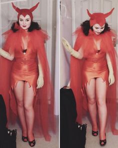 two pictures of a woman dressed in devil costume