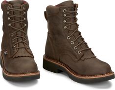 "Our 8"" tall lace-up work boot Rivot has a mild distressed hickory brown color. This boot is not only stylish but also built to endure the toughest work conditions. The oil and slip resistant durable polyurethane outsole provides excellent traction, ensu Rustic Lace-up Boots With Reinforced Toe, Rugged Work Boots With Round Toe And Lacing, Rugged Work Boots With Lacing And Round Toe, Rustic Brown Lace-up Work Boots, Work Boots Men, Justin Boots, Work Boot, Best Western, Work Boots