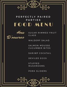 a black and gold menu with the words,'perfectly paired food menu '