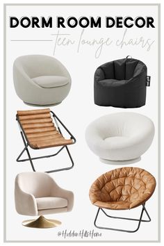 four different types of chairs with text overlay that reads dorm room decor fan lounge chairs