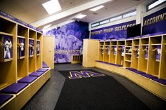 the locker room is filled with purple and gold uniforms