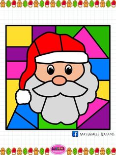 a santa claus face with colorful squares in the background