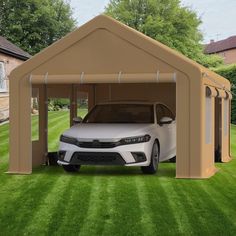 a white car is parked in front of a house with an awning on it