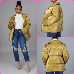 This Shine Bomber Jacket Features, A Non-Stretch Fabric, Mock Neckline, Long Sleeves, Side Jackets, Underlined, Finished With Front Zipper Closure. 100% Nylon Hand Wash Cold Water Do Not Bleach Gold Hooded Winter Outerwear, Trendy Gold Outerwear For Fall, Casual Gold Outerwear For Winter, Patagonia Radalie Jacket, Super Puff Shorty, Alisha Berry, Aritzia Jacket, Oversized Puffer Jacket, Quilted Parka