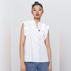 Zara Ruffled Poplin Shirt Never Worn! Size (Small) Color: White Summer Blouse With Ruffle Hem And Ruffled Collar, Cotton Top With Ruffled Collar For Brunch, Cotton Ruffles Blouse For Brunch, Cotton Ruffle Blouse For Brunch, Chic Poplin Blouse For Daywear, Chic Daywear Poplin Blouse, Casual White Poplin Tops, Summer Ruffle Blouse For Workwear, Chic Shirt With Ruffled Collar And Ruffles