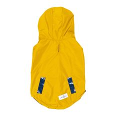 a yellow raincoat with blue zippers on the back and hood, in front of a white background