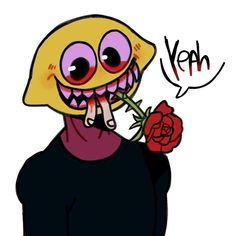 a drawing of a cartoon character holding a rose in his mouth with the word yeah written above it