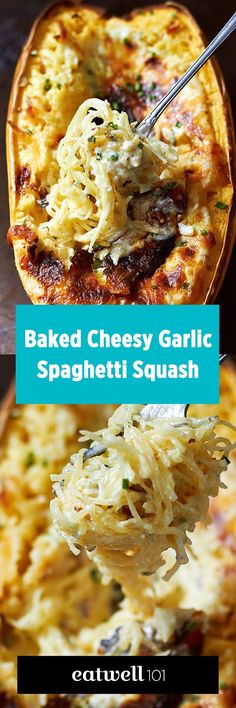 baked cheesy garlic spaghetti squash is being lifted from the casserole dish