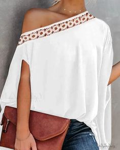 Lasaky - Contrast lace off-the-shoulder top Blouse Size Chart, Chic Type, Blouse Material, Women Blouses, Cold Shoulder Top, Online Fashion Stores, White Outfits, Olivia Mark, Feminine Style