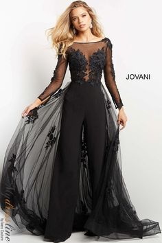 Looking for a unique and stylish jumpsuit for your next special event? Look no further than this Jovani 06609 lace bodice long sleeve evening jumpsuit. This one-of-a-kind jumpsuit features a beautiful lace bodice with long sleeves, making it perfect for a formal occasion. Plus, the slim fit silhouette will flatter your figure in all the right ways. Whether you're attending a wedding, gala, or any other black tie event, this jumpsuit is sure to turn heads. Applique Jumpsuit, Tulle Overskirt, Sheath Wedding Dress Lace, Beautiful Evening Gowns, Evening Jumpsuit, Wedding Jumpsuit, Trumpet Gown, Unique Prom Dresses, Mermaid Gown