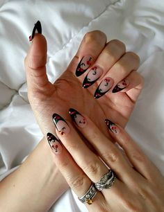 Black Nails With Cherries, Cherry Black Nails, Cherry Gem Nails, Cherry Nails Black, Black Cherry Nails Design, Cherry Almond Nails, Summer Goth Nails, Black Almond Nail Ideas, Black Summer Nails