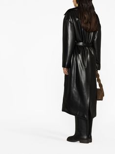 Nanushka Liano Belted Trench Coat - Farfetch Formal Black Belted Outerwear, Formal Black Outerwear With Belt Detail, Black Self-belted Outerwear For Fall, Black Outerwear With Self Belt For Fall, Black Long Sleeve Outerwear With Belt, Black Fall Outerwear With Belt Loops, Sleek Outerwear With Belted Cuffs And Long Sleeves, Sleek Long Sleeve Outerwear With Belted Cuffs, Sleek Black Belted Outerwear