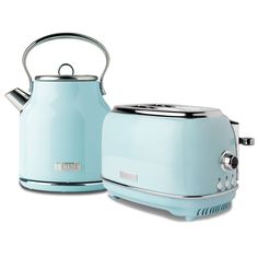 a teal colored kettle and toaster set on a white background