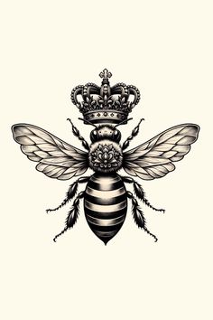 a bee with a crown on it's head is shown in black and white