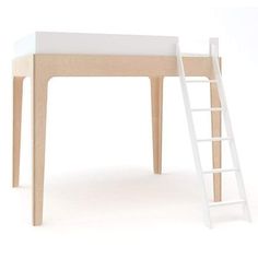 a wooden table with a ladder to the top, and a white chair underneath it