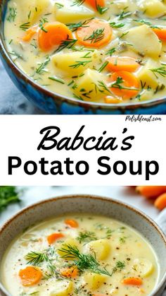 two bowls filled with potato soup and carrots