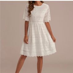 White Short Sleeve Round Neck Rayon Zipper Mini Dress. Size Small. Featuring Subtle Scalloped Sleeves, Elaborate Lace Details Throughout, And High Waist. Pair With Some White Sneakers For A Chic Length 36” Pit To Pit 16”Waist 13 White Short Sleeve Lined Midi Dress, Scalloped Sleeves, Navy Floral Maxi Dress, Floral Embroidery Dress, Floral Lace Shorts, Boho Midi Dress, Beautiful Maxi Dresses, Circle Dress, Embroidered Midi Dress