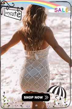 White Hollowed Crochet Tassel Halter Sleeveless Beach Dress White Halter Neck Beach Dress For Cover-up, Halter Neck Crochet Dress For Beach Cover-up, White Crochet Beach Dress Cover-up, Fitted Halter Neck Beach Cover-up Mini Dress, White Crochet Mini Dress For Beach Cover-up, Beach Dress, Tassels, White, Crochet