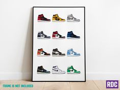 Perfect gift for any sneakerhead - this print features some of the most iconic Air Jordan 1 sneakers to be released. All prints are printed on premium 230gsm matte art paper.  Greetings card are printed on 300gsm matte paper, and includes an envelope. Available in A3, A4 and A5 sizes plus A6 greeting card. ----------------------------------------------------------------------------------------------------------------------- 10% of each sale is donated to Bliss. ---------------------------------- Poster Nike, Michael Jordan Poster, Hypebeast Sneakers, Jordan Poster, Nike Poster, Sneaker Posters, Shoe Wall, Nike Jordan 1, Basket Sport