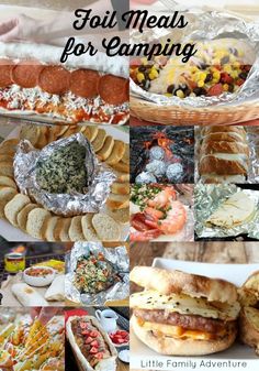 the collage shows different types of food and desserts for camping, including sandwiches, bread