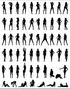 silhouettes of women in various poses and positions, all with their hands on their hips