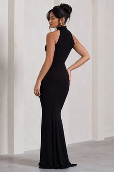 Memorable | Black Ruched High-Neck Split Fishtail Maxi Dress Fishtail Maxi Dress, Fishtail Skirt, Yeah Yeah, Black Shade, Information Design, Fashion Line, Good Stretches, Shades Of Black, High Neckline