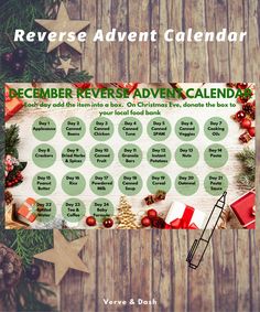 a calendar with christmas items on it and the words, december reverseed in green