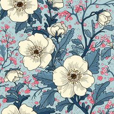 a blue and white flower pattern with pink flowers on the bottom right hand corner, in front of a light blue background