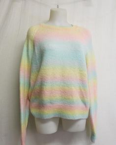 Retro Rainbow Sweater Steve Madden BB Dakota WOW!  Chunky knit sweater. Soft and cuddly Show your colors!  RAINBOWS and Sunshine  Large/XL 50" chest  Dropped shoulder  Sleeve 22" from underarm Hip 42" to 50" Length 25"   This is a Beauty.... don't miss out! Immaculate condition!  Acrylic  https://www.etsy.com/shop/BelindasStyleShop See my other sweaters! Pastel Rainbow Sweater, Multicolor Crew Neck Soft Knit Sweater, Multicolor Soft Knit Crew Neck Sweater, Oversized Rainbow Casual Sweater, Casual Oversized Rainbow Sweater, Multicolor Soft Knit Acrylic Tops, Cute Multicolor Winter Sweater, Casual Pastel Winter Sweater, Pastel Knit Sweater For Fall