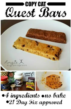 an advertisement with the words copy cat quest bars on it and pictures of cookies, chocolate chips