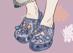 a drawing of a person's feet wearing clogs and slippers with rocks on them