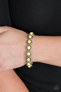 Dotted with sunny yellow beaded centers, studded silver frames are threaded along stretchy elastic bands and linked around the wrist for a whimsical look. Sold as one individual bracelet. Paparazzi Bracelets, Disney Bracelet, Yellow Bracelet, Bracelet Set Silver, Tattoo Bracelet, Jewelry Bracelets Gold, Alex And Ani Bracelets, Braided Leather Bracelet, Silver Frames