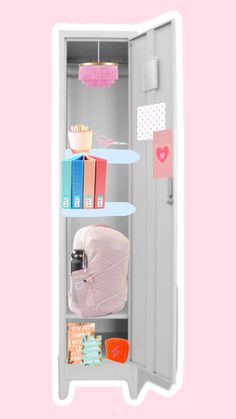 an open refrigerator with books and other items in the door, on a pink background