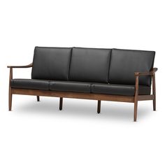 a black leather couch with wooden frame and arm rests on a white background, measurements