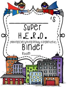 a sign that says super hero binder in front of the cityscape with buildings