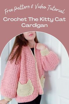 Crochet this easy Cat Cardigan with the free pattern and video tutorial. This crochet project is perfect for beginners, and features the classic V stitch and cat pockets. There is also an hour long video tutorial to help along the way. Crochet Free Patterns Cardigan, Free Crochet Plus Size Patterns, Simple Crochet Cardigan Pattern, Crochet Cloth Pattern, Crochet Doll Cardigan Free Pattern, Crochet Cardigan Stitches, Cute Crochet Sweater Pattern Free, Cat Sweater Crochet Pattern Free, Crochet Free Cardigan Pattern