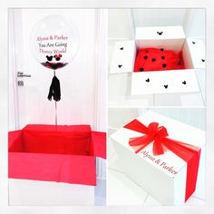 two pictures show the inside of a box with a red bow on it, and an open white box with a black polka dot design