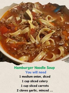 a bowl of hamburger noodle soup with instructions