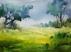 a painting of green grass and trees on a cloudy day